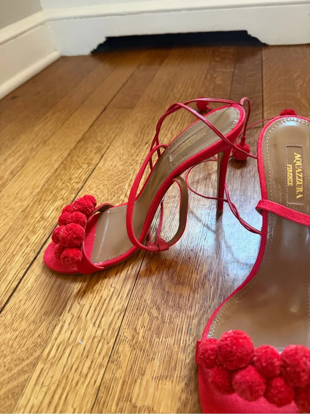 Aquazzura Red Pom-Pom Lace-Up Sandals